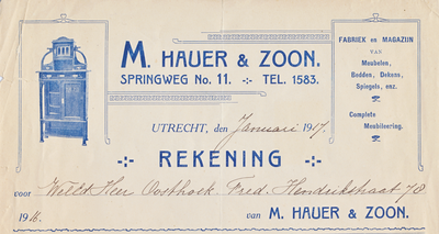 711236 Kop van een nota van M. Hauer & Zoon, Fabriek en Magazijn van Meubelen, Bedden, Dekens, Spiegels, enz., ...